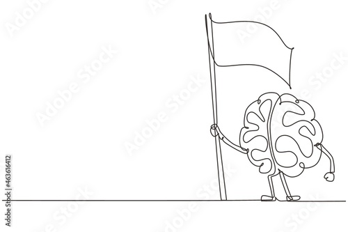 Single one line drawing cartoon brain standing with flag, funny human nervous system organ. Flat design of character brain for education theme. Continuous line draw design graphic vector illustration