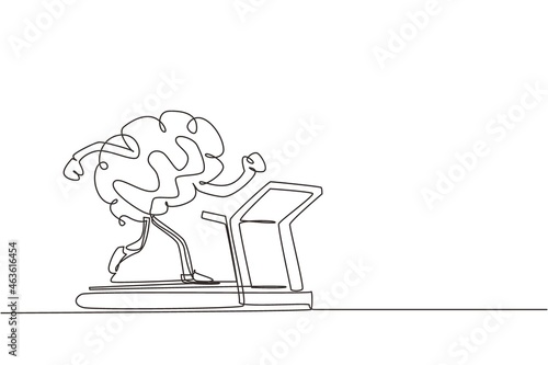 Continuous one line drawing brain working out on a treadmill. Work on yourself. Brain workout on a treadmill. Mental exercise. Education concept. Single line draw design vector graphic illustration