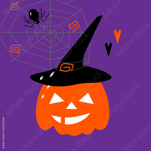 Orange pumpkin on Halloween in a black hat with cobwebs, spider and hearts