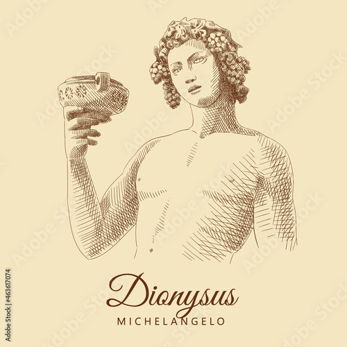 Sketch of the sculpture by Michelangelo 'Dionysus'. Bacchus, god of wine and winemaking. Man portrait with a bowl and grapes. Vintage brown and beige card, hand-drawn, vector. Old design. Line graphic