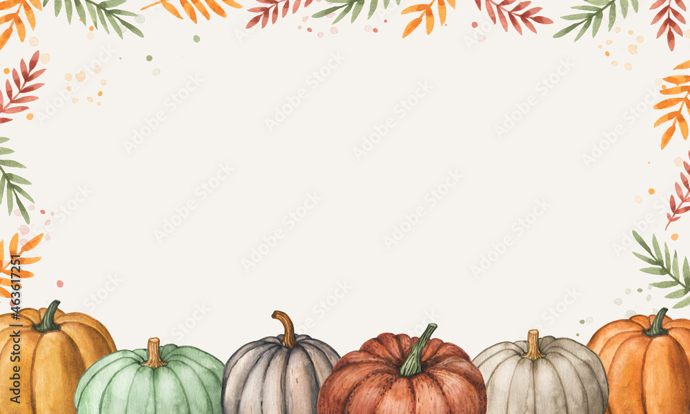 Watercolor autumn frame with fall foliage and colorful pumpkins on white background. Thanksgiving background, border. Fall season banner. Halloween decoration - obrazy, fototapety, plakaty 