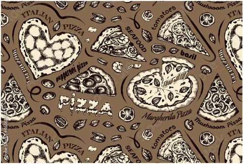 Outline drawing pattern of pizza with tomatoes, melted mozzarella cheese, salami, pepperoni, seafood, basil. Vintage italian food wallpaper. Sketch hand drawn pizza Margarita. Vector illustration.