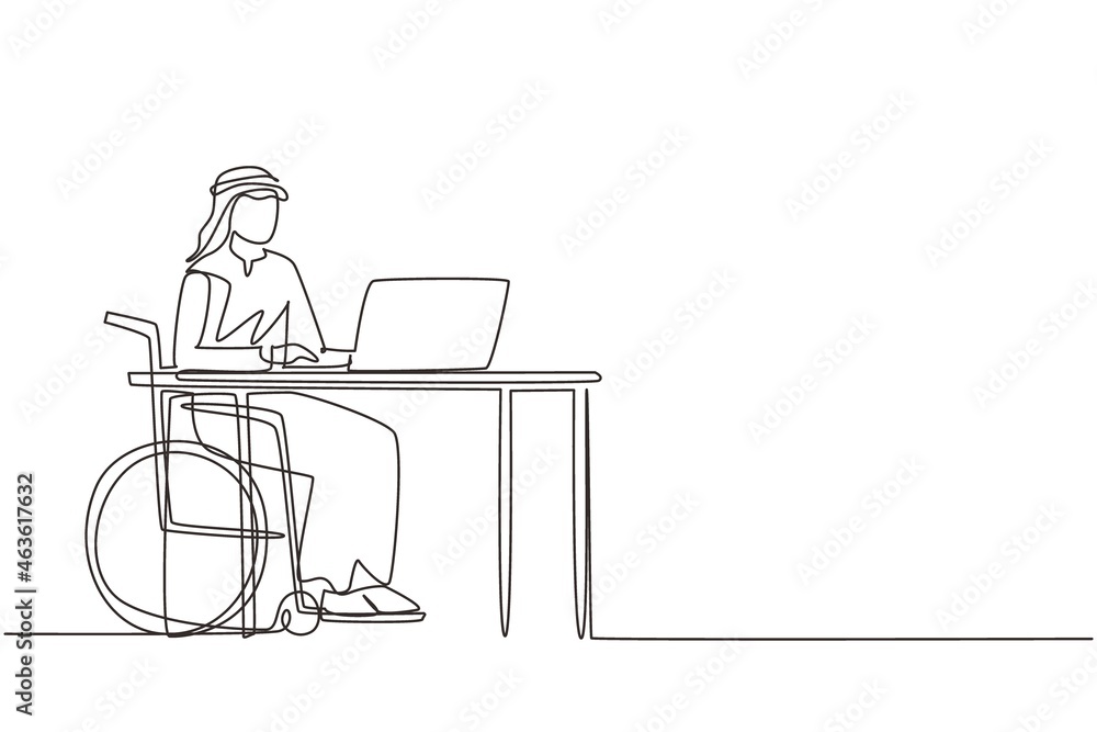 Continuous one line drawing young Arabian man uses wheelchair and working with computer in office. Online job and startup. Physical disability. Single line draw design vector graphic illustration Continuous one line drawing young Arabian man uses wheelchair and working with computer in office. Online job and startup. Physical disability. Single line draw design vector graphic illustration