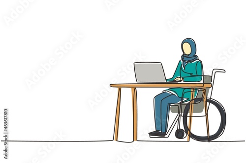 Continuous one line drawing young Arabian woman uses wheelchair, working with computer in office. Online job and startup. Physical disability and society. Single line draw design vector illustration
