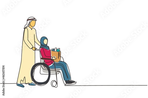 Single one line drawing Arabian man supporting, caring disabled old woman on wheelchair. Volunteer helping with shopping, taking care of senior woman. Continuous line draw design vector illustration