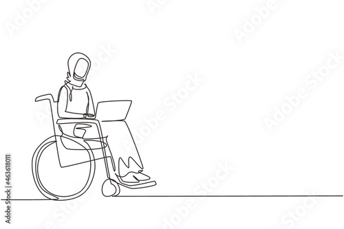 Single continuous line drawing disabled Arab woman working on laptop. Wheelchair, idea, computer. Freelance, disability. Online job, startup. Physical disability, society. One line draw design vector