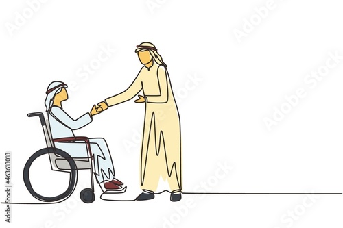 Single continuous line drawing disability employment, work for disabled people. Disable Arabian man sit in wheelchair shaking hand with colleague in office. One line draw design vector illustration