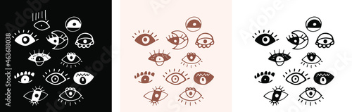 Magic pre made illustration with evil eyes. Vector illustration of postcards. Black and white, Boho colors