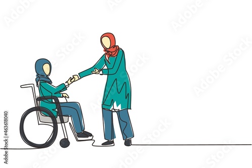 Continuous one line drawing disability employment, work for disabled people. Disable Arabian woman sit in wheelchair shaking hand with colleague in office. Single line draw design vector illustration