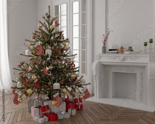 New year tree in scandinavian style interior with christmas decoration 
