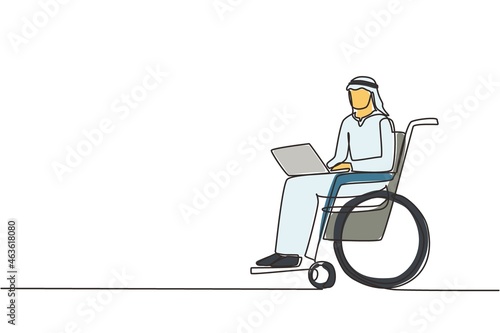 Single continuous line drawing disabled Arab man working on laptop. Wheelchair, idea, computer. Freelance, disability. Online job, startup. Physical disability and society one line draw design vector
