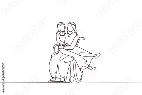Single one line drawing disabled Arabian man carrying woman in wheelchair. Happy couple at wedding celebration. Male with special needs in wheelchair. Continuous line draw design vector illustration