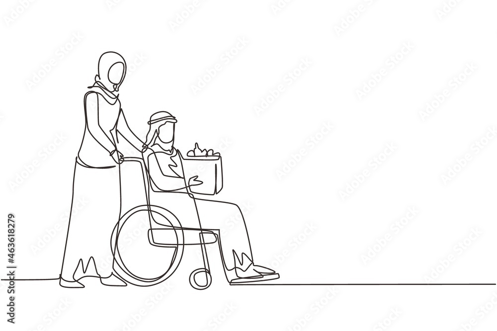 Single continuous line drawing social worker helping old man on wheelchair with grocery shopping. Arab female volunteer caring and walking with disabled senior male to shopping. One line design vector Single continuous line drawing social worker helping old man on wheelchair with grocery shopping. Arab female volunteer caring and walking with disabled senior male to shopping. One line design vector