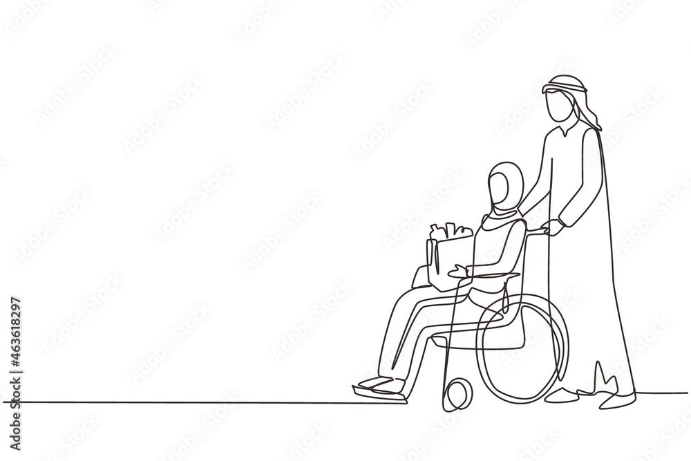 Single one line drawing Arabian man supporting, caring disabled old woman on wheelchair. Volunteer helping with shopping, taking care of senior woman. Continuous line draw design vector illustration Single one line drawing Arabian man supporting, caring disabled old woman on wheelchair. Volunteer helping with shopping, taking care of senior woman. Continuous line draw design vector illustration