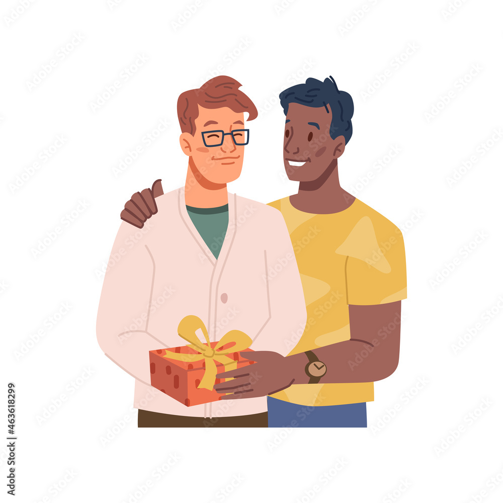 Men in love giving or getting present gift in box with ribbon, flat cartoon characters. Vector LGBT gay bisexual and present on Valentines day, Anniversary or Birthday party, romantic relationships Men in love giving or getting present gift in box with ribbon, flat cartoon characters. Vector LGBT gay bisexual and present on Valentines day, Anniversary or Birthday party, romantic relationships