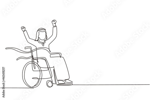 Continuous one line drawing Arab male young wheelchair user crossing red finish line. Happy winner, successful champion. Society, disabled people community. Single line draw design vector illustration
