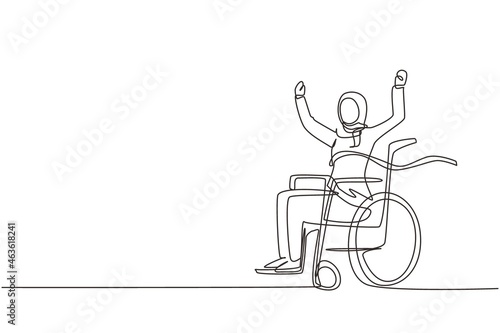 Continuous one line drawing Arabian female young wheelchair user crossing red finish line. Happy winner, successful champion. Society, disabled people community. Single line draw design vector graphic