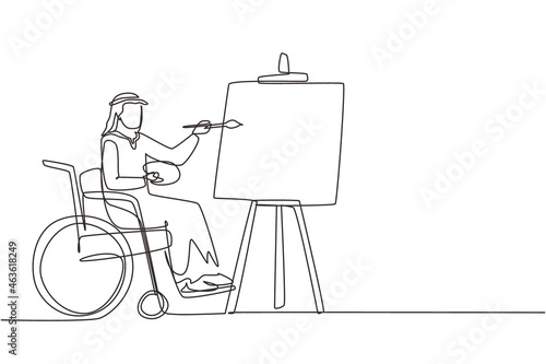 Single one line drawing disabled Arab man in wheelchair painting landscape on canvas. Rehabilitation physiotherapy concept. Physical disability. Continuous line draw design graphic vector illustration