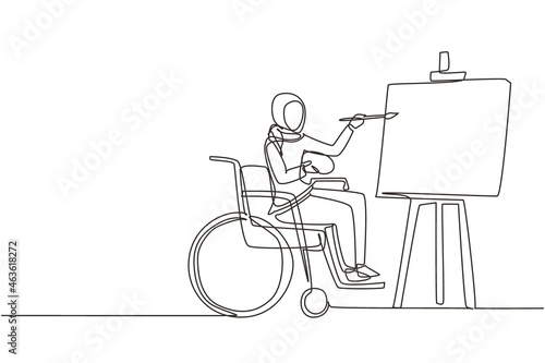 Single one line drawing disabled Arabian woman in wheelchair painting landscape on canvas. Rehabilitation physiotherapy concept. Physical disability. Continuous line draw design vector illustration