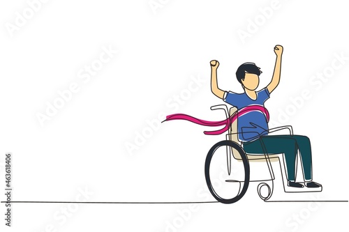 Continuous one line drawing male young wheelchair user crossing red finish line. Happy winner, successful champion. Society, disabled people community. Single line draw design vector illustration