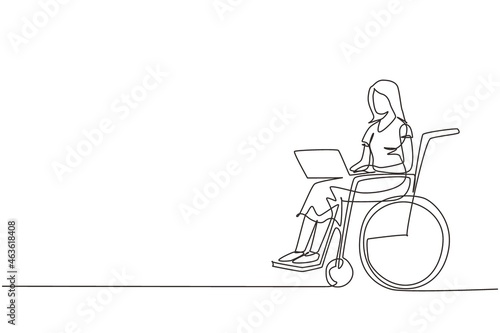 Continuous one line drawing disabled woman working on laptop. Wheelchair, idea, computer. Freelance, disability. Online job and startup. Physical disability and society. Single line draw design vector