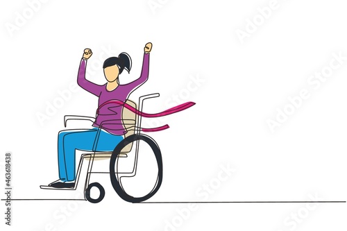 Single one line drawing female young wheelchair user crossing red finish line. Happy winner, successful champion. Society, disabled people community. Continuous line draw design vector illustration