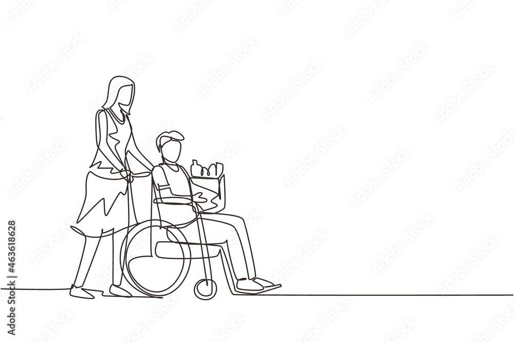 Single one line drawing social worker helping old man on wheelchair with grocery shopping. Female volunteer caring and walking with disabled senior male to store. Continuous line draw design vector Single one line drawing social worker helping old man on wheelchair with grocery shopping. Female volunteer caring and walking with disabled senior male to store. Continuous line draw design vector