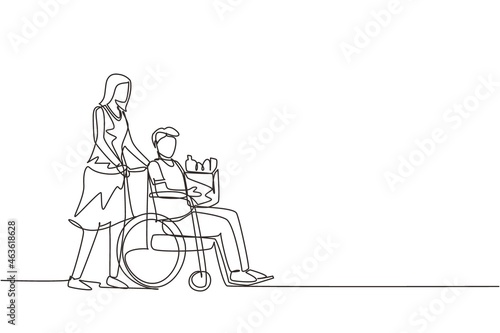 Single one line drawing social worker helping old man on wheelchair with grocery shopping. Female volunteer caring and walking with disabled senior male to store. Continuous line draw design vector