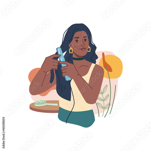Woman straightening curly hair isolated afro american girl flat cartoon character. Vector illustration female hairdresser using electric straightener iron. Beautiful lady brushing long dark hair