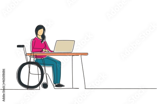 Single continuous line drawing young woman uses wheelchair, working with computer in office. Online job and startup. Physical disability and society. One line draw graphic design vector illustration