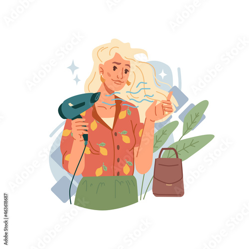 Blond woman dries hair with hairdryer isolated stylish flat cartoon character. Vector attractive caucasian girl with electrical blower in hands making glamour hairdo. Pretty girl and haircare