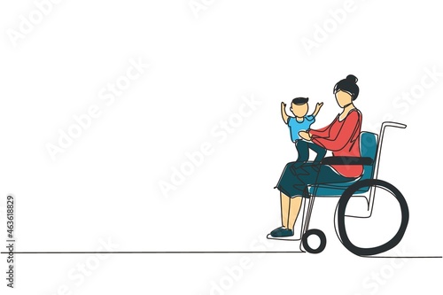 Single one line drawing happy disabled mother with her child. Disability woman holding baby in her arms. Family love concept. Physical disability and society. Continuous line draw design illustration