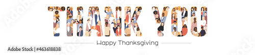Happy Thanksgiving card. Multicultural group. Thank you lettering. Flat vector illustration. 