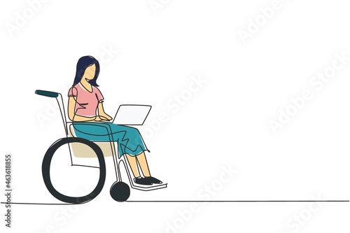Continuous one line drawing disabled woman working on laptop. Wheelchair, idea, computer. Freelance, disability. Online job and startup. Physical disability and society. Single line draw design vector