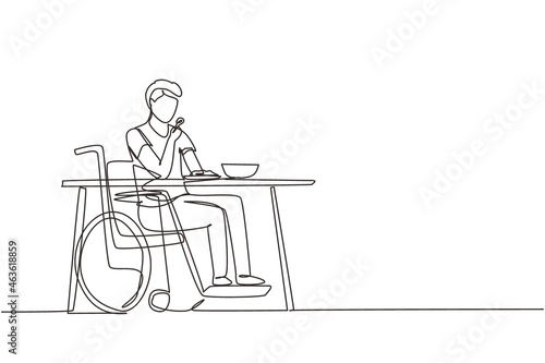 Single one line drawing male young wheelchair user eating food sitting at the table. Having lunch, snack in cafe. Society and disabled people. Continuous line draw design graphic vector illustration