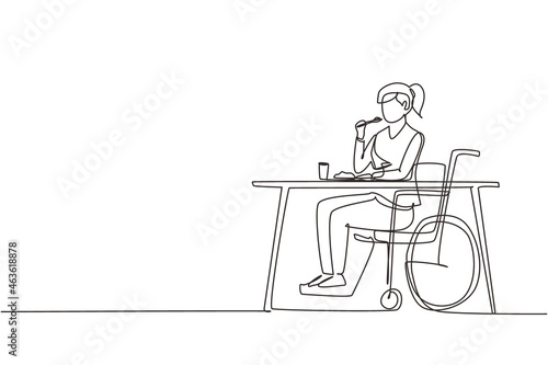 Continuous one line drawing female young wheelchair user eating food sitting at the table. Having lunch, snack in cafe. Society and disabled people. Single line draw design vector graphic illustration