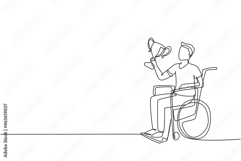 Single continuous line drawing happy man in wheelchair hold golden cup trophy winner podium. Disabled person. Tournament game competition, sport training, challenge. One line design vector Single continuous line drawing happy man in wheelchair hold golden cup trophy winner podium. Disabled person. Tournament game competition, sport training, challenge. One line design vector