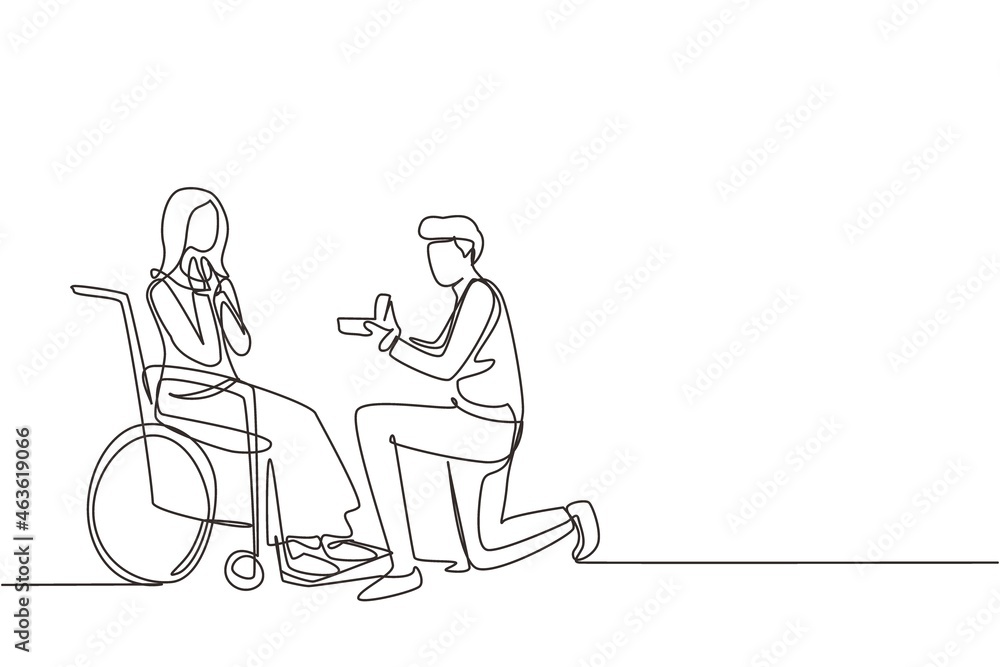 Continuous one line drawing young man stand on knee with engagement ring in hands in front of disabled woman sitting on wheelchair, loving relations, person marriage. Single line draw design vector