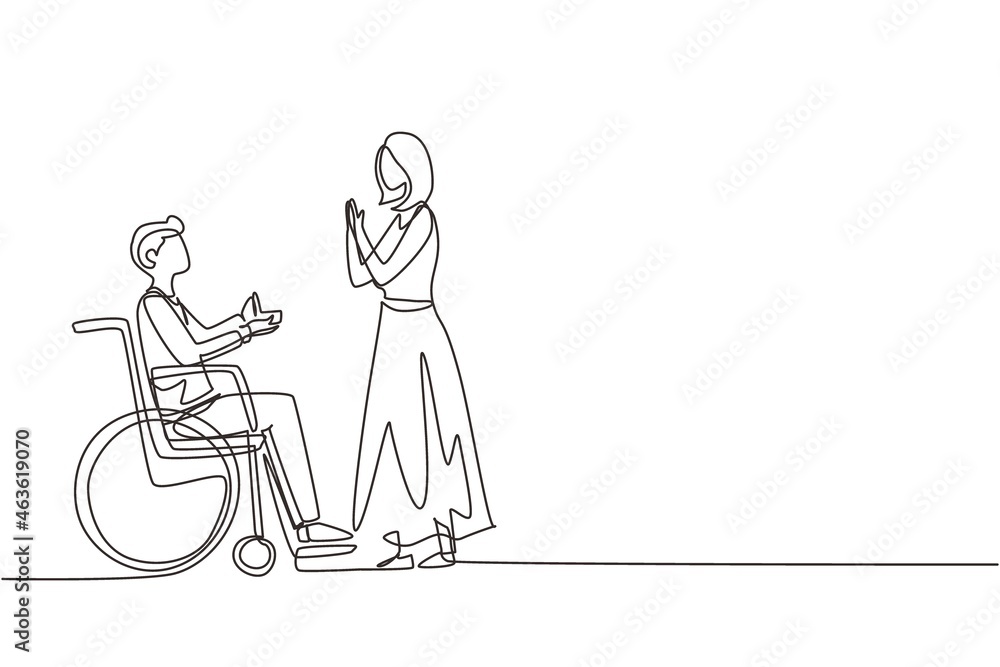 Single continuous line drawing disabled person character. Man made proposal to girl, wedding. Happy family. Positive man with special needs in wheelchair. One line draw design vector illustration