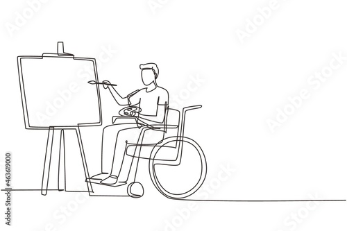 Single continuous line drawing disabled man in wheelchair painting landscape on canvas. Rehabilitation physiotherapy concept. Physical disability and society. One line draw design vector illustration