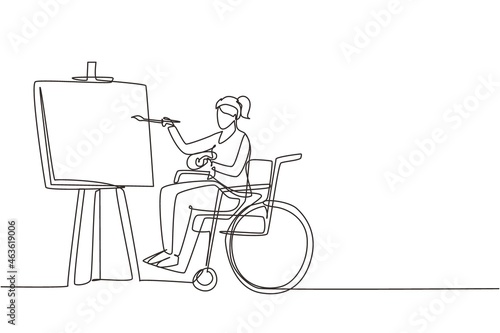 Single one line drawing disabled woman in wheelchair painting landscape on canvas. Rehabilitation physiotherapy concept. Physical disability, society. Continuous line draw design vector illustration