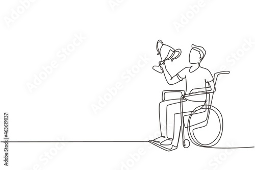 Single continuous line drawing happy man in wheelchair hold golden cup trophy winner podium. Disabled person. Tournament game competition, sport training, challenge. One line design vector