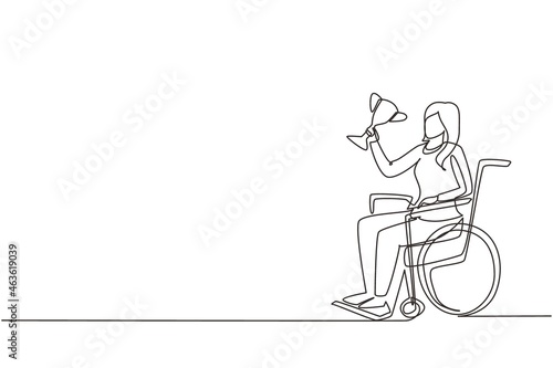 Single one line drawing happy woman in wheelchair hold golden cup trophy winner podium. Disabled person recovery. Sport game competition, sport training, challenge. Continuous line design vector