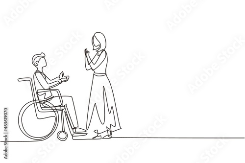Single continuous line drawing disabled person character. Man made proposal to girl, wedding. Happy family. Positive man with special needs in wheelchair. One line draw design vector illustration
