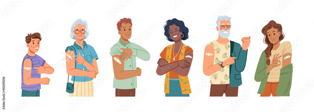Happy vaccinated people showing ok and thumb up gesture, flat cartoon characters set. Vector young and senior man and woman smiling after vaccination, plaster on their shoulders. COVID-19 vaccine. - obrazy, fototapety, plakaty 