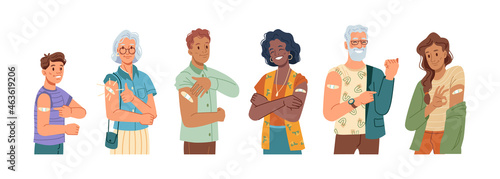 Happy vaccinated people showing ok and thumb up gesture, flat cartoon characters set. Vector young and senior man and woman smiling after vaccination, plaster on their shoulders. COVID-19 vaccine.
