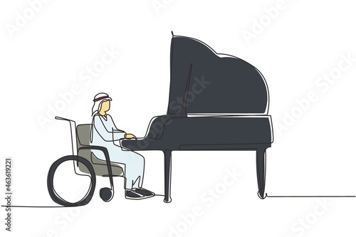 Single one line drawing disabled Arab man in wheelchair playing piano in concert. Disability and classical music. Physically disabled. Rehabilitation center patient. Continuous line draw design vector