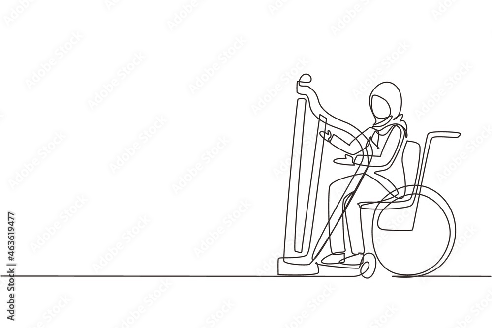 Single continuous line drawing Arab woman sitting in wheelchair plays harp in concert. Disability and classical music. Physically disabled. Rehabilitation center. One line draw graphic design vector