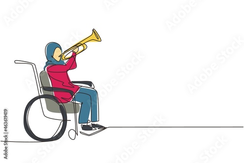 Single continuous line drawing Arabian female in wheelchair playing trumpet during music lesson. Physically disabled. Person in hospital. Rehabilitation center patient. One line draw design vector