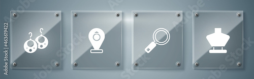Set Necklace on mannequin, Magnifying glass, Jewelry store and Earrings. Square glass panels. Vector